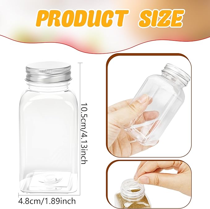 20 Pack 6 oz Plastic Spice Jars with Metal Lids Reusable Salt Pepper Shaker with Lids Clear Empty Square Spice Containers Seasoning Bottles for Kitchen Storage