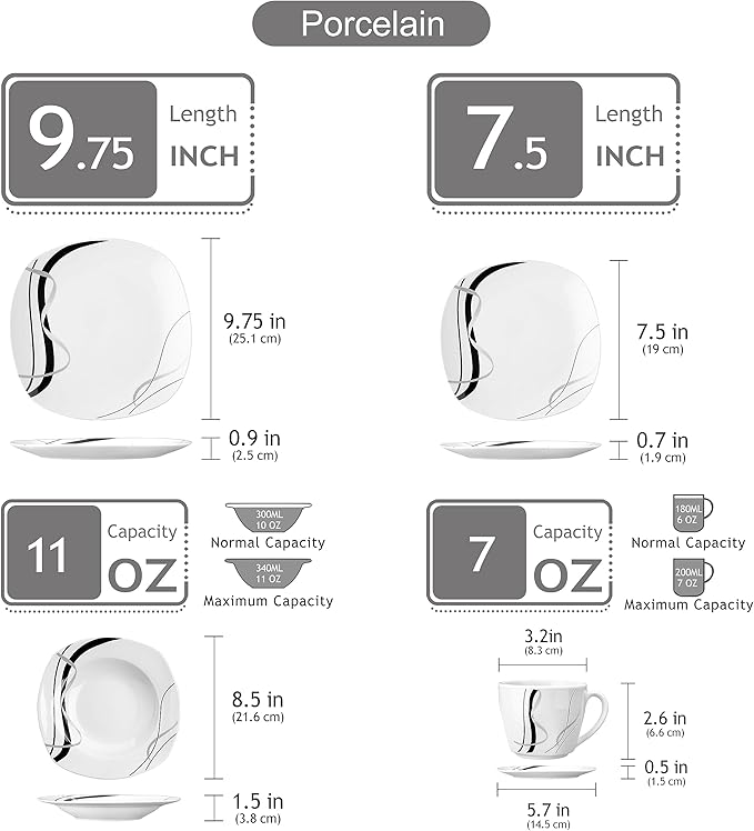 VEWEET, Series Fiona, 30-Piece Dinnerware Sets for 6, White Dishes Set with Black and Gray Stripes, Porcelain Dinner Set Including Dessert Plates, Soup Plates, Dinner Plates, Cups & Saucers