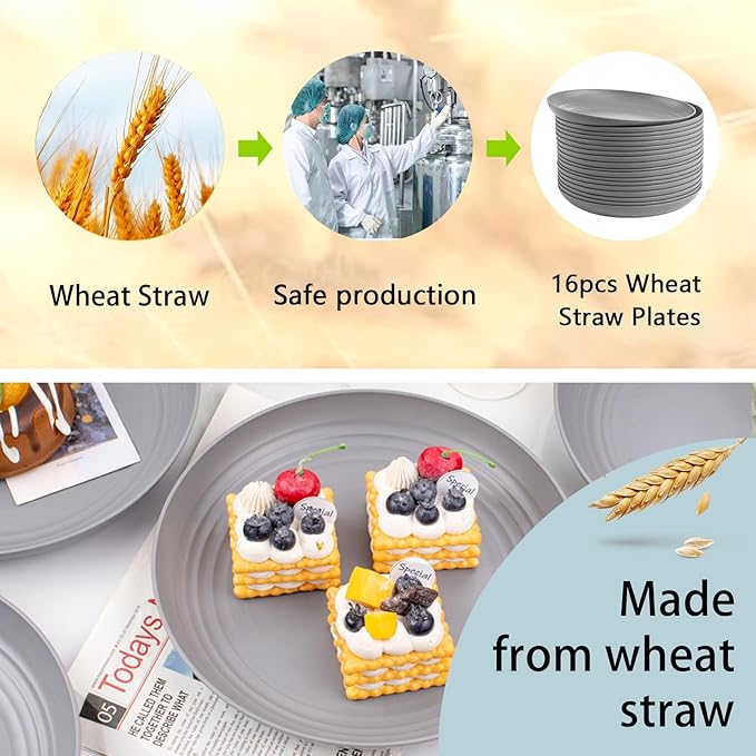 supernal 16pcs Dark Grey Wheat Straw Plates, Deep Dinner Plastic Plates, Reusable Plate, 10 inch Unbreakable Plate Set for Picninc, Camping, Lightweight Microwave Dishwasher Safe