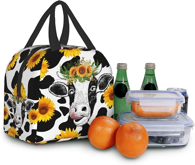 Sunflower Cow Print Portable Lunch Tote Bag Reusable Cute Lunch Box for Men or Women Perfect for office/Camping/Hiking/Picnic/Beach/Travel
