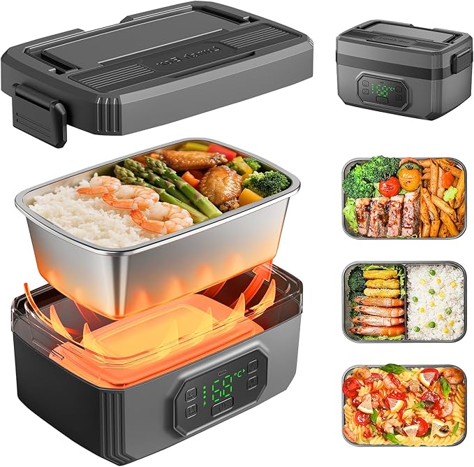 VVU&CCO Portable Electric Lunch Box for Adults with Timer,Rechargeable Self Heating Lunch Box for Men with 1.2L SS Container,21,000mAh Battery Powered, Convenient for Work/Travel/Camping