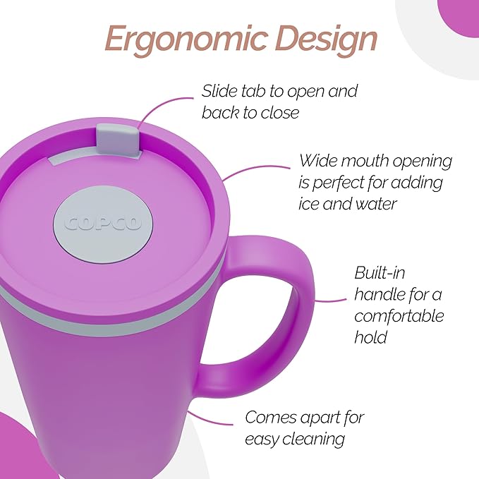 Copco Cone Desk Mug, 16 Ounce - Double Wall Insulated Travel-Friendly Mug with Lid and Handle, Microwave & Dishwasher Safe, BPA-Free Mug, Desk-Friendly & Car Cup Holder Compatible (Purple)