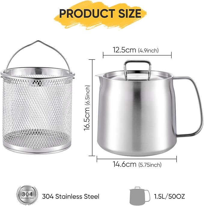 Bacon Grease Container with Strainer, 304 Stainless Steel Grease Container for Kitchen with Dust-proof Lid & Basket, Dishwasher Safe Cooking Oil Container, 50oz/1.5L