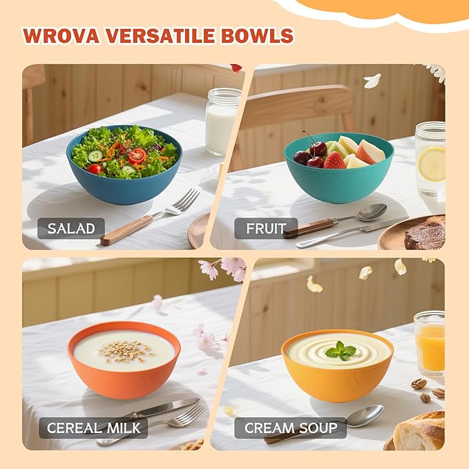 Wrova 40oz wheat straw bowls with lids set of 4,cereal bowls with covers anti-leaking,unbreakable salad container for lunch, dishwasher safe bowl sets for kitchen. Vibrant Series