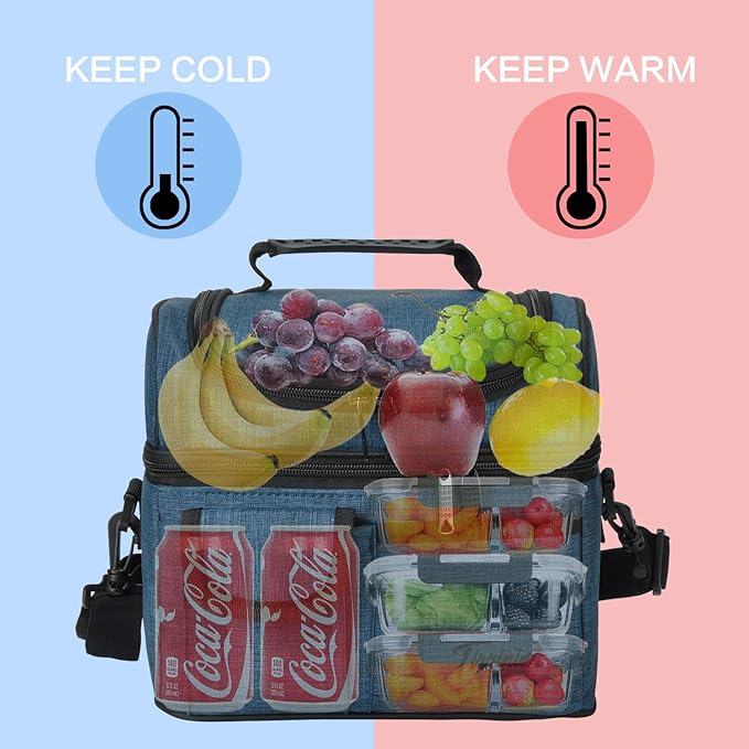 Tirrinia Reusable Lunch Box for Men Women, Insulated Lunch Bag Adult Work, Double Decker Leakproof Lunchbox for Office Picnic Beach—Dual Compartment Lunch Cooler Bag,Dark Blue