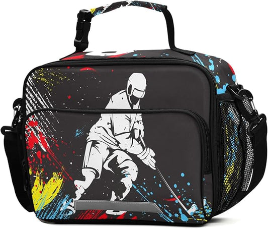 ALAZA Hockey Player Kids Lunch Box Lunchbox Insulated Reusable Meal Container Lunch Bag with Shoulder Strap for School Girls Boys