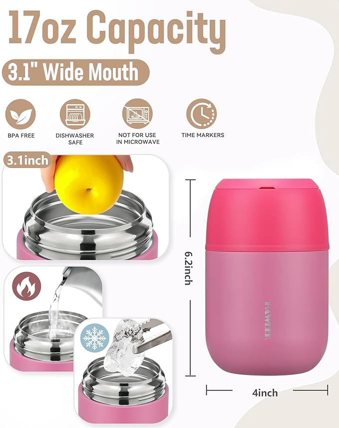 17oz Soup Thermo for Hot Food Adults Insulated Food Jar Thermo Hot Food Lunch Container Wide Mouth Stainless Steel Lunch Box for Kids with Folding Spoon Cleaning Brush Pink