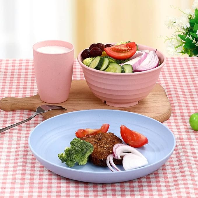 12pcs Plastic Wheat Straw Dinnerware Sets, Wheat Straw Plates and Bowls Sets for 4 College Dorm Room Essentials Microwave Dishwasher Safe (Colourful)