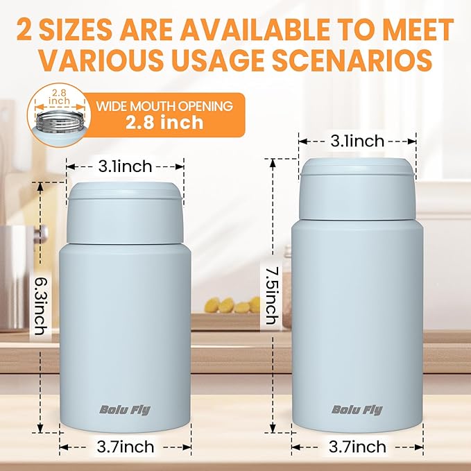 2 Pack Soup Thermo for Hot Food for Adults, Insulated Food Jar, Stainless Steel Vacuum Thermal Lunch Box Containers with Carry Bag and Spoon (18.5oz, 27oz) (Blue)