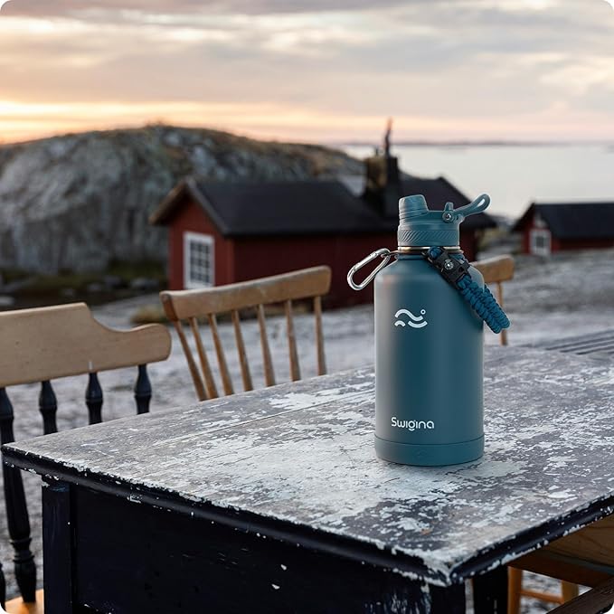 [2-IN-1 LID] 64 oz Insulated Water Bottle with Silicone Boot (48hrs Cold/24hrs Hot) - DIY Stickers, Leakproof, BPA Free, Half Gallon