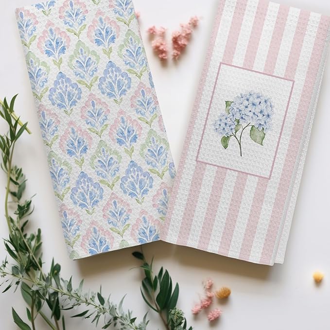 Pink and Blue Grandmillennial Hydrangea Floral Kitchen Dish Towels, Pink Striped Flower Decorative Hand Towels for Bathroom Kitchen, Preppy Floral Bathroom Decor, 16x24 Inch Set of 2