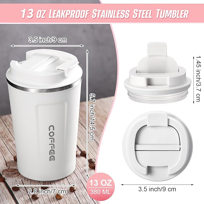 Sieral 4 Pcs 13 oz Travel Coffee Mug Insulated Reusable Coffee Cups with Leakproof Lid Stainless Steel Portable Tumbler for Keep Hot or Ice Milk Tea(White)