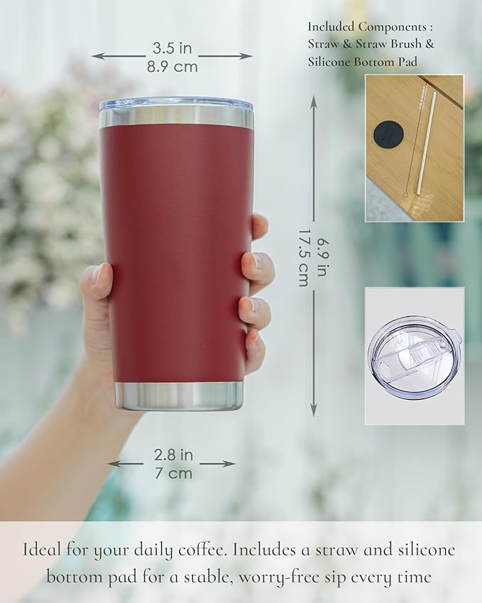 Travel Coffee Tumbler 20oz, 1 Pack Leakproof Travel Coffee Mug with Lid and Straw, Stainless Steel Double Wall Vacuum Insulated Tumbler for Hot/Iced Drinks (Textured Matte, Red)