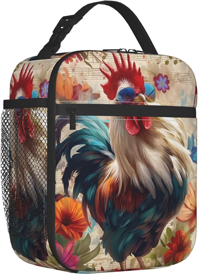 Retro Rooster Print Insulated Lunch Box Gifts for Kids Adults Colorful Farm Chicken and Floral Design Reusable Portable Lunchbox Cooler Lunchbag for Work Picnic School Travel or Hiking