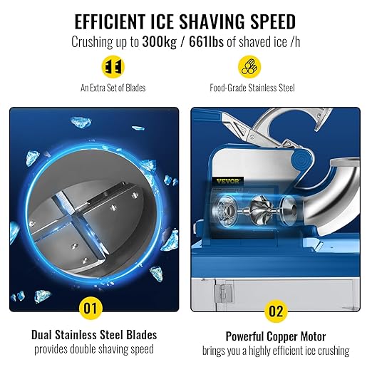 VEVOR 110V Commercial Ice Crusher 661LBS/H, ETL Approved 300W Electric Snow Cone Machine with Dual Blades, Stainless Steel Shaved Ice Machine with Safety On/Off Switch for Family, Restaurants, Bars