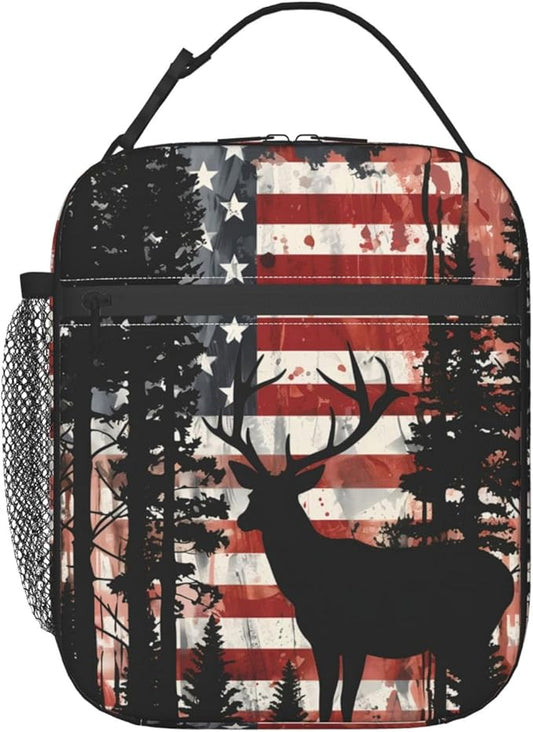 Patriotic Deer Lunch Box for Kids,Majestic Moose Insulated Bag for Student,American Flag Reusable Thermal Insulation Cooler Tote Bags for School Work Picnic Camping Outdoor Gifts