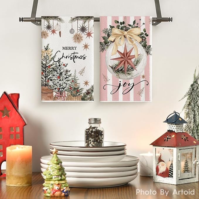 Artoid Mode Pink Xmas Tree Merry Christmas Kitchen Towels Dish Towels, 18x26 Inch Holiday Gloves Ball Hello Winter Decoration Hand Towels Set of 4