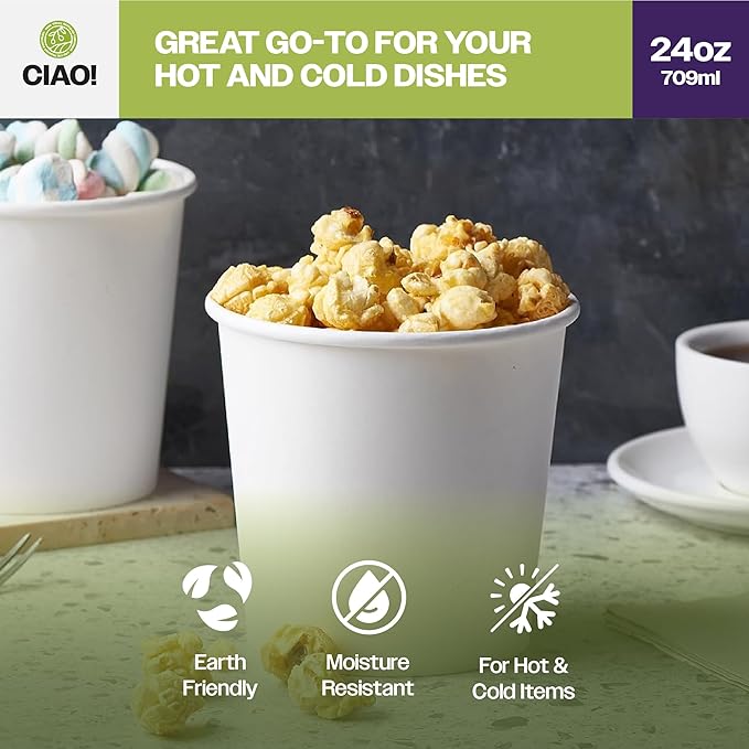 CIAO! 24OZ Disposable White Paper Food Container, 115mm Diameter, Lids Sold Separately (500/case)