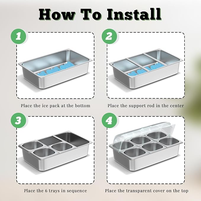 Stainless Steel Countertop Food Serving Display Container with Clear Roll Top Cover - Ice Food Serving Tray for Buffet, Restaurant, Kitchen, or Party(6 Pans)
