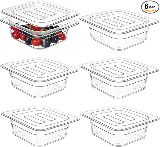 6 Pcs Clear Polycarbonate Food Pans with Lids, 1/6 Stackable Plastic Foods Pans for Commercial Kitchen Restaurant Food Prep, Freezer-Safe, 2.6 Inches Deep
