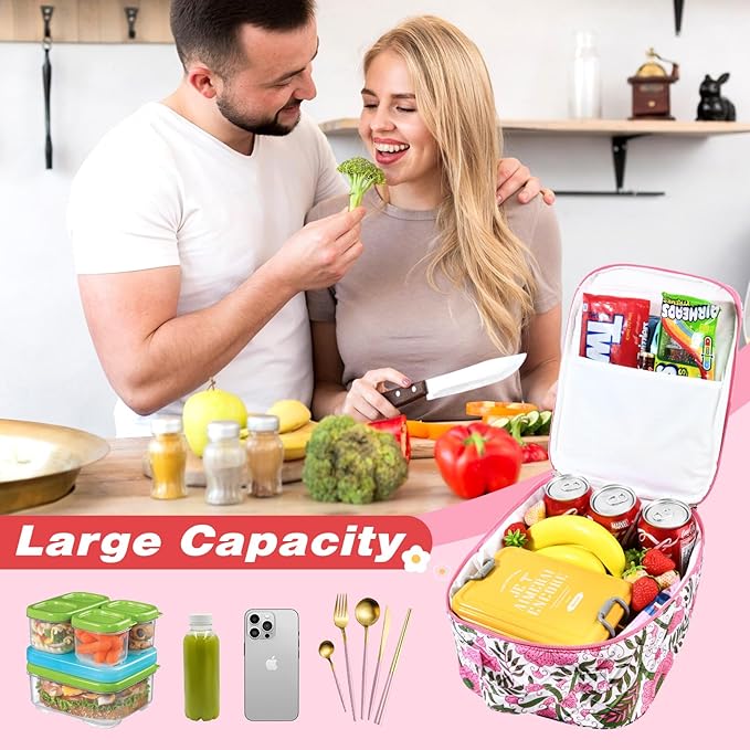 Aileam Lunch Box Lunch Bag for Women Cute Girls Lunch Box Insulated Womens Lunch Bag For Work Quilted Large Capacity Reusable Insulated Cooler for Work School Picnic Travel, Vintage Flower