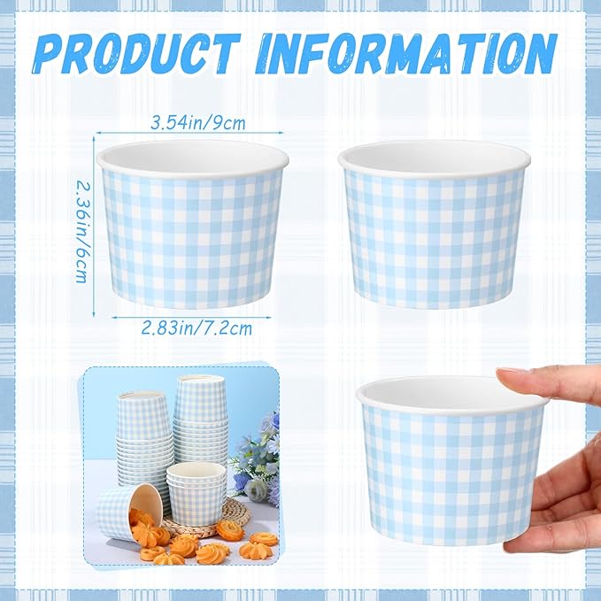 50 Pack Blue Gingham Ice Cream Cups 9 oz Blue and White Checkered Disposable Dessert Bowls Paper Soup Bowls Plaid Snack Cups for Hot or Cold Food for Baby Shower Wedding Birthday