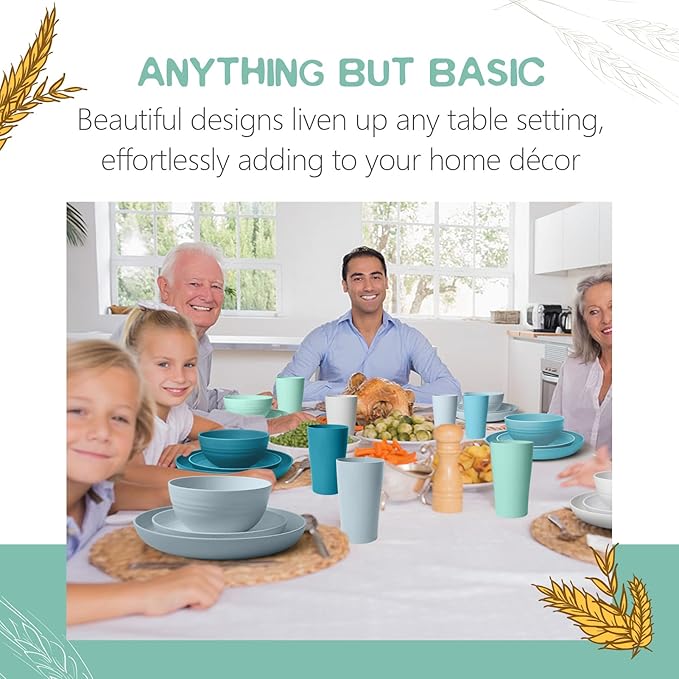 Teivio 32-Piece Kitchen Plastic Wheat Straw Dinnerware Set, Service for 8, Dinner Plates, Dessert Plate, Cereal Bowls, Cups, Unbreakable Colorful Plastic Outdoor Camping Dishes, Sky Multicolor