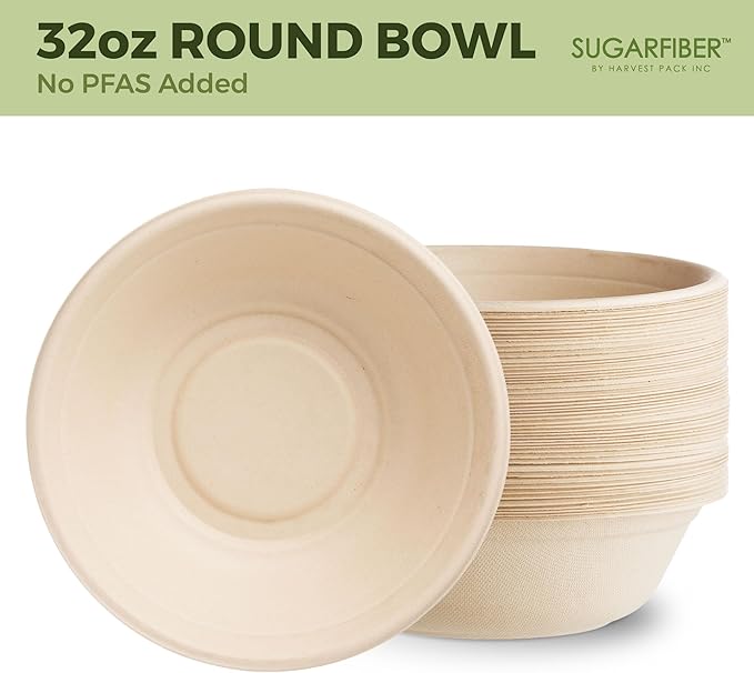 [500 COUNT]Harvest Pack PFAS FREE 32oz Round Paper Bowls with Flat Lids - Compostable Heavy-Duty Eco-Friendly Disposable Bagasse Bowl Sugarcane made plant fibers for Meal Prep