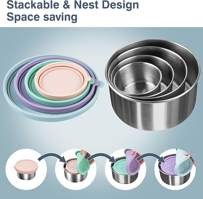 Stainless Steel Containers with Lids - Stackable Toddler Snack Containers, 18/8 Stainless Steel Lunch Box for Kids Adults, Leakproof Metal Food Storage Containers (4Pack: 3oz, 7oz, 13oz, 22oz)