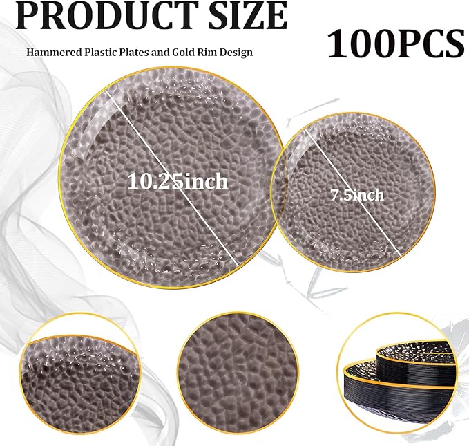 SUT 100Pcs Black Plastic Plates, Hammered Plates Disposable Heavy Duty, Black Disposable Plates With Gold Rim, Fancy Plastic plates Include 50 Dinner and 50 Dessert plates for Wedding