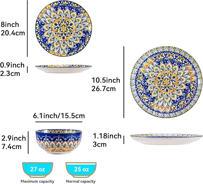 Sweejar Ceramic Dinnerware Sets for 6,18 Pieces Boho Plates and Bowls for Kitchen,Housewaring Gift,Bohemian Style Dish Set,Dishwasher and Microwave Safe(Colorful)