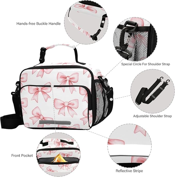ALAZA Cute Pink Bow-knot Kids Lunch Box, Girls Boys Lunchbox Insulated Reusable Meal Container Lunch Bag with Shoulder Strap