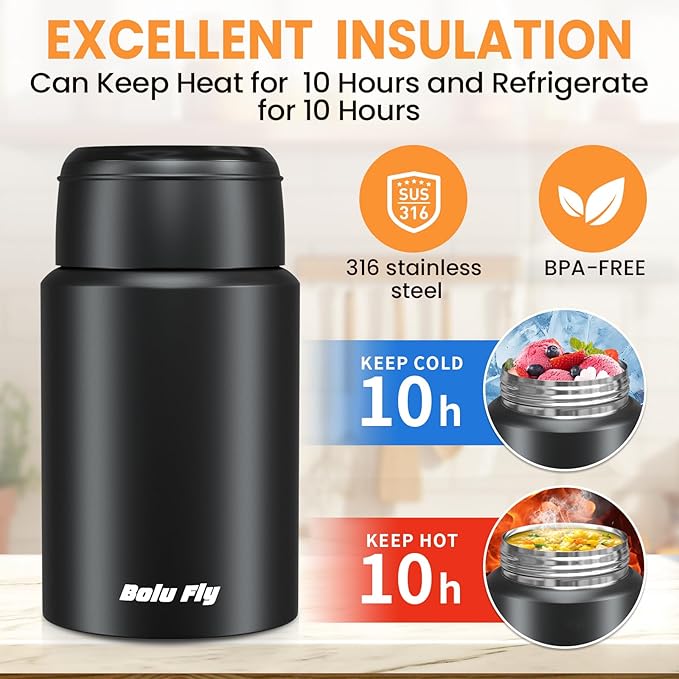 2 Pack Soup Thermo for Hot Food for Adults, Insulated Food Jar, Stainless Steel Vacuum Thermal Lunch Box Containers with Carry Bag and Spoon (18.5oz, 27oz) (Black)