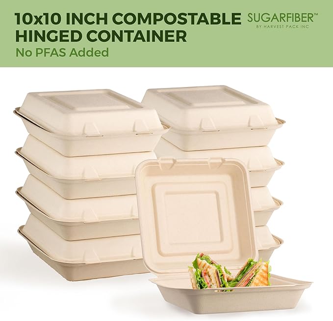 [200 COUNT]Sugarfiber by Harvest Pack PFAS FREE 10 X 10" Compostable Clamshell Food Containers, Heavy-Duty Hinged Container, Disposable Bagasse Eco-Friendly Natural Takeout to go Box