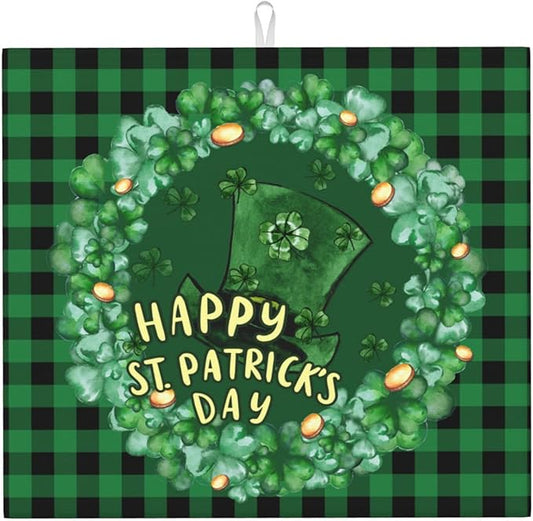 St Patricks Day Hat Lucky Shamrock 17 March Green Buffalo Plaid Irish Drying Mat 16x18 Inch For Kitchen Counter Drying Mats Dish For Kitchen Counter Easy Clean Kitchen
