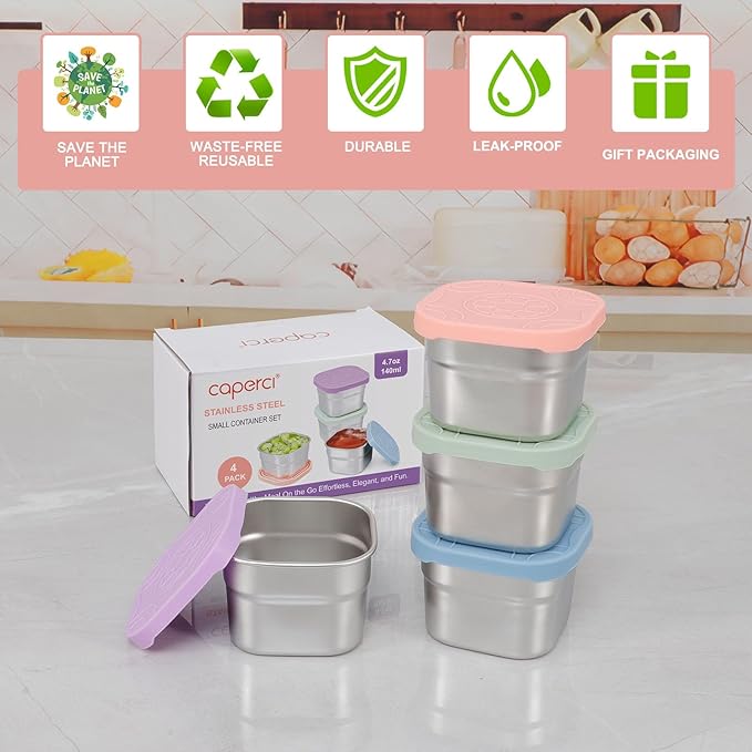 Caperci 4-Pack Stainless Steel Snack Containers with Silicone Lids - 4.7oz Reusable Small Food Containers for Snacks Condiments, Salad Dressing Container, Leak-Proof, BPA-Free