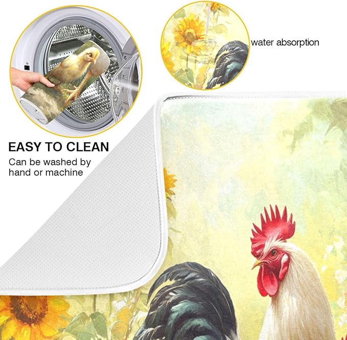 Chickens Pattern Dish Drying Mat for Kitchen Counter Super Absorbent Dishes Pad Reversible Microfiber Protector Dish Draining Mats 16x18 inch