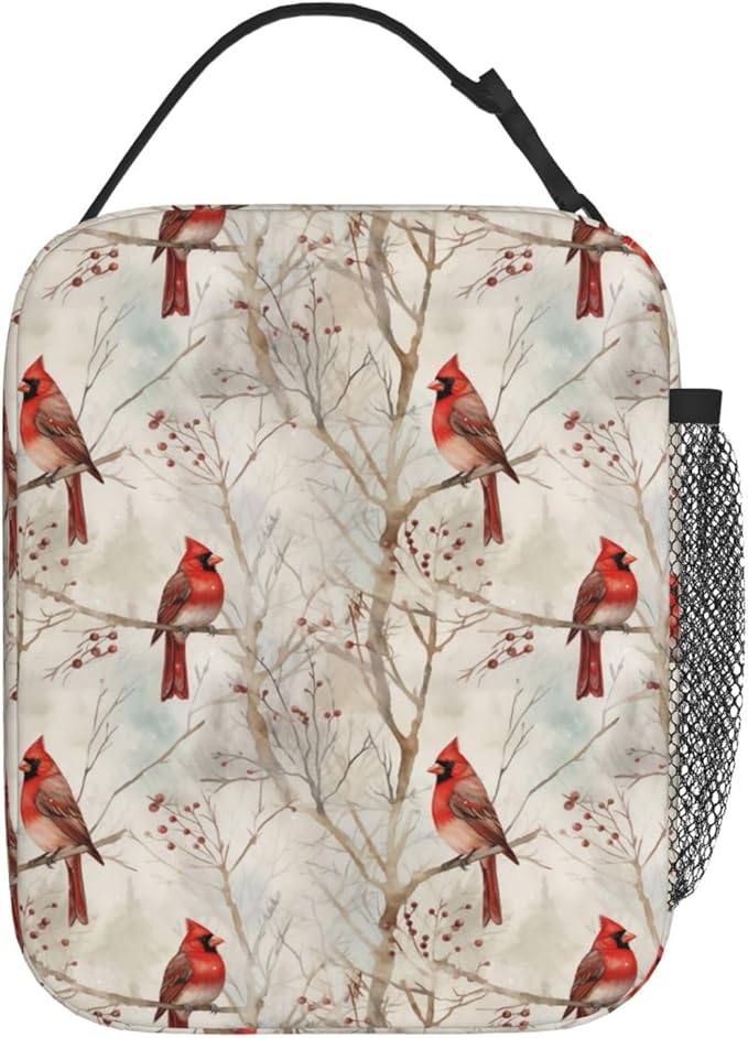 Reusable Red Cardinal Retro Lunch Box for Kids, Insulated Winter Branches Vintage Bag,Polyester Cooler Bird Lovers Handbags Case for School Picnic Work Travel Beach or Hiking, Gifts