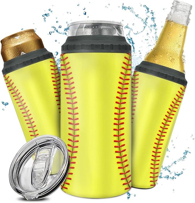 winorax Softball Tumbler 4-in-1 Can Cooler Softball Stainless Steel Insulated Tumblers Coffee Travel Mug Cup With Lid Gift Tumblers For Men Women Sports Gifts For Players Fan Coach Lovers