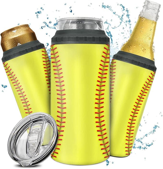 winorax Softball Tumbler 4-in-1 Can Cooler Softball Stainless Steel Insulated Tumblers Coffee Travel Mug Cup With Lid Gift Tumblers For Men Women Sports Gifts For Players Fan Coach Lovers