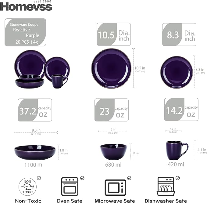 Eur-Nordic Shape Raising Rim 20pc Dinnerware Set, Shiny Glaze Purple with Speckle Effect