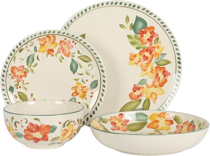 Bloomhouse Cassia Bud 16 Piece Double Bowl Hand Painted Stoneware Plates and Bowls Floral Dinnerware Set