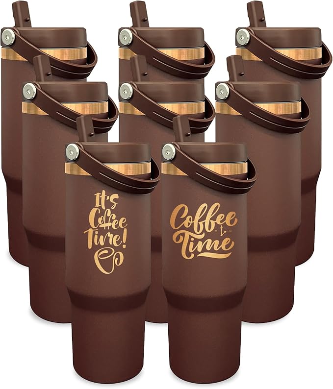 30 oz Tumbler Bulk with Handle and Straw, Vacuum Insulated Tumblers with Flip Straw and Top Handle, Leakproof Powder Coated Tumbler, Stainless Steel Travel Mug for Coffee Water (Browm, 8 Pack)