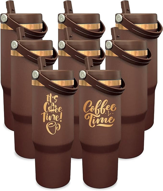 30 oz Tumbler Bulk with Handle and Straw, Vacuum Insulated Tumblers with Flip Straw and Top Handle, Leakproof Powder Coated Tumbler, Stainless Steel Travel Mug for Coffee Water (Browm, 8 Pack)