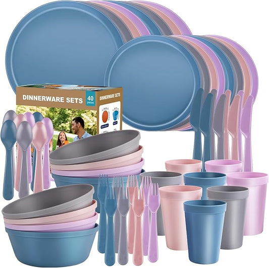 40 Piece RV and Camping Dinnerware Set, Microwave Safe Plates and Bowls Set for 8 with Cutlery, Lightweight & Unbreakable, The Perfect Melamine Alternative Pastel
