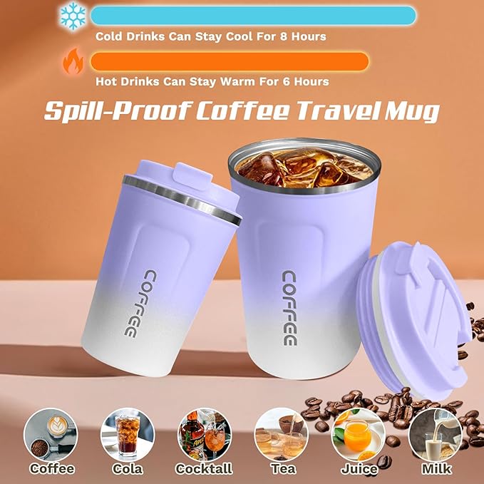 Travel coffee mugs leak-proof, reusable coffee cups with lids, stainless steel vacuum thermos coffee tumblers,thermal insulation cups for men and women hot & cold drinks (2nd-Purple White, 17OZ)
