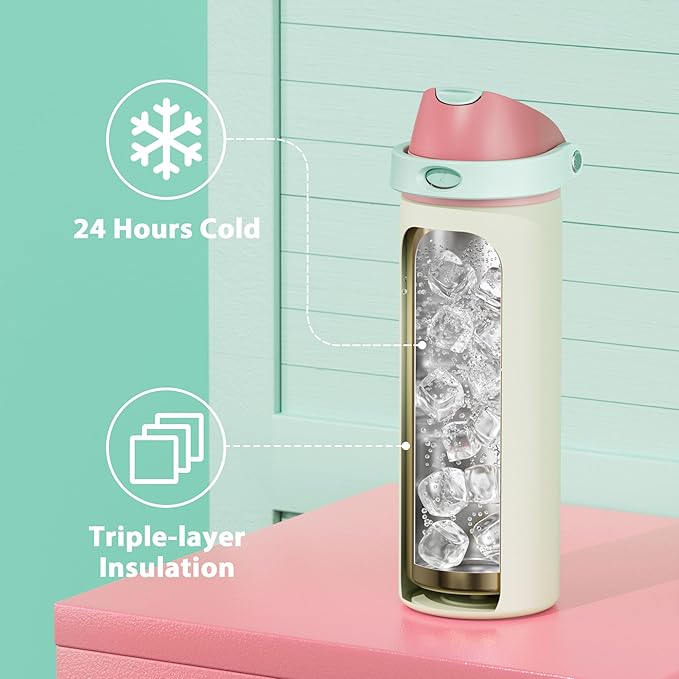 24 oz Insulated Water Bottle with Straw: Meoky Stainless Steel Metal Water Bottle with 2-in-1 Lid - Leak Proof, Cold for 24 Hours, Fits in Car Cup Holder, BPA-Free for Travel Sports Gym, Cream