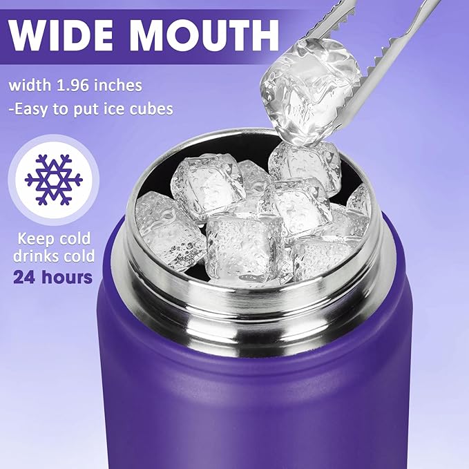 24 oz Insulated Water Bottle with Straw, Stainless Steel Double Wall Vacuum Thermos with Straw Lid Leak Proof, Wide Mouth Lid, Keep Cold and Hot