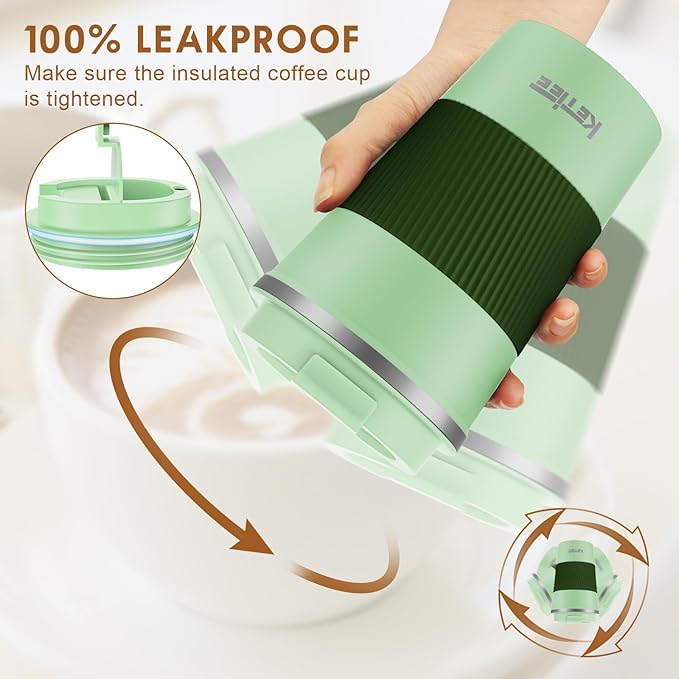 KETIEE 12oz Travel Mug, Insulated Coffee Cup with Leakproof Lid, Travel Coffee Mug Vacuum Stainless Steel Double Walled Reusable Tumbler for Hot and Cold Drinks (Green)