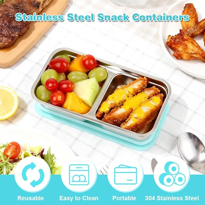 YQL 4 Pack Stainless Steel Snack Containers with Lids, Double Compartment Food Storage Boxes for Lunch Prep, Reusable Leakproof Bento Snack Boxes for Travel, Office, Camping
